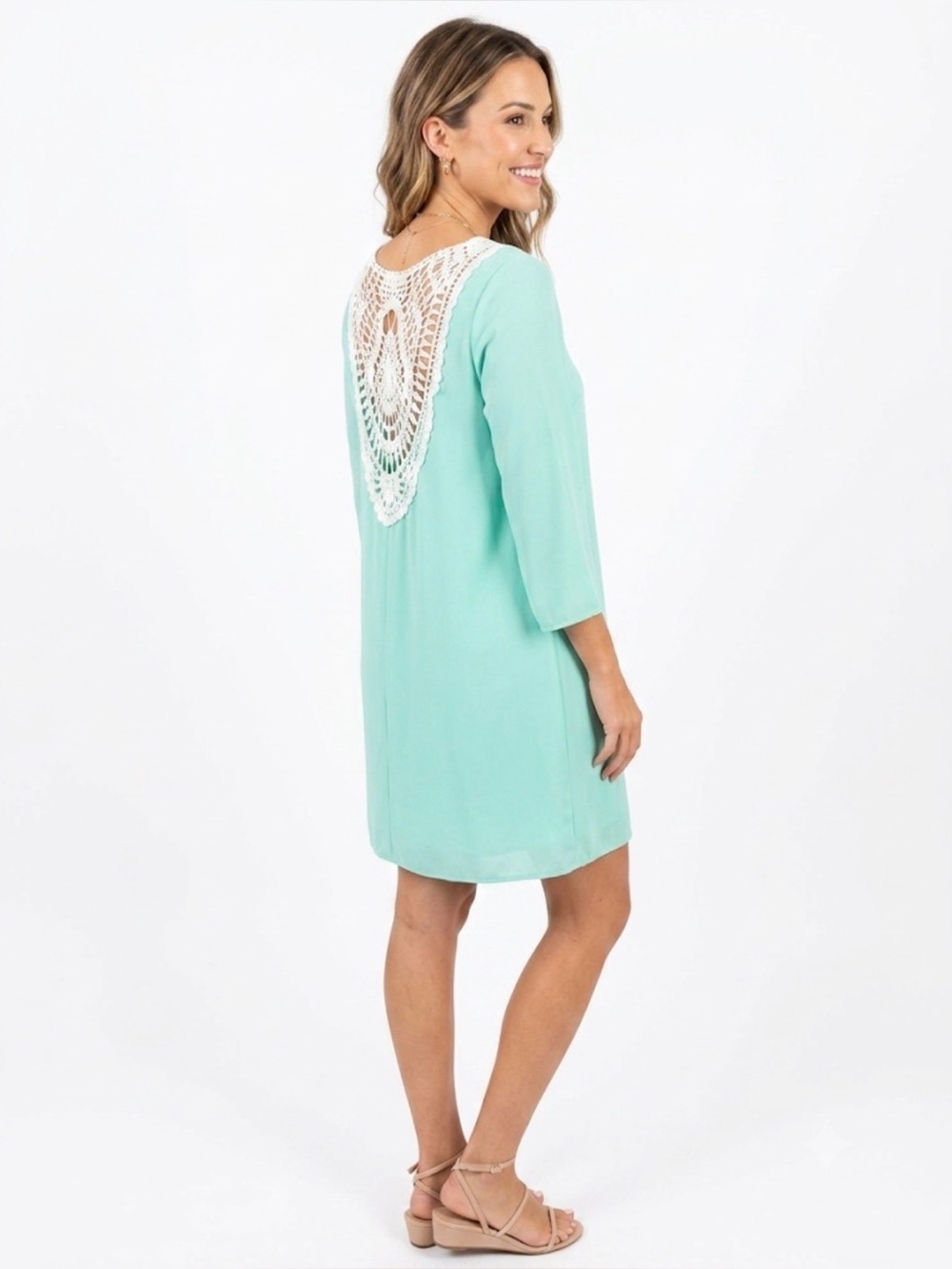 Karlie Mint Crochet Open Back Shift Dress Small Boho Summer Dress
